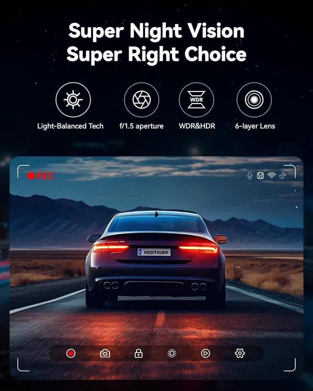 Alt view image 4 of 7 - REDTIGER Dash Cam Front Rear, 4K/2.5K Full HD Dash Camera for Cars, Included 32GB Card, Built-in Wi-Fi GPS, 3.16 IPS Screen, Night Vision, 170°Wide Angle, WDR, 24H Parking Mode(F7NP)