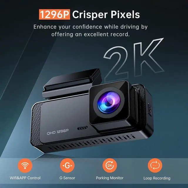 Alt view image 2 of 7 - Dash Cam 1296P Front Dashcam, V300 WiFi Dash Camera for Cars with App, Night Vision, Mini Hidden Single Car Camera, Loop Recording, 24H Parking Mode, Support 256GB Max, Black