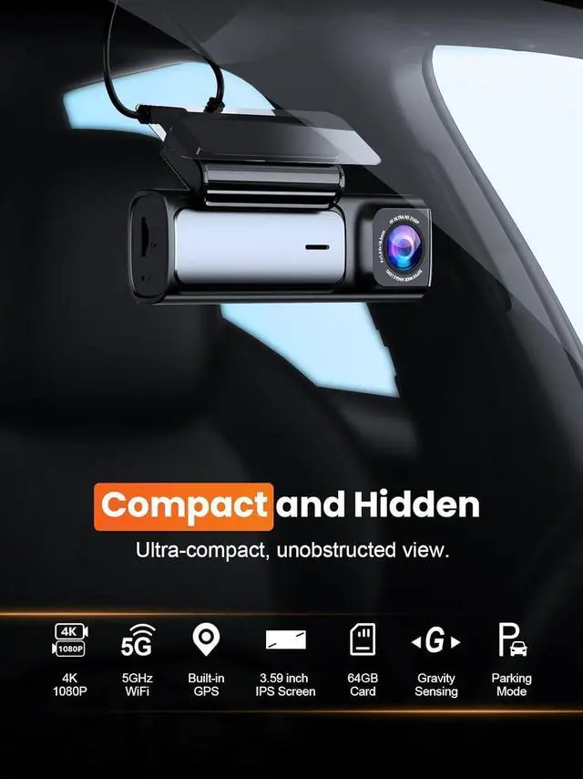 Alt view image 2 of 7 - 4K Dash Cam Front and Rear, Built-in 5G WiFi GPS, 64GB Card Included, 3.59'' IPS Screen Dash Camera for Cars, Dual Dashcam with G-Sensor, Loop Recording, WDR, Night Vision, 24H Parking Monitor