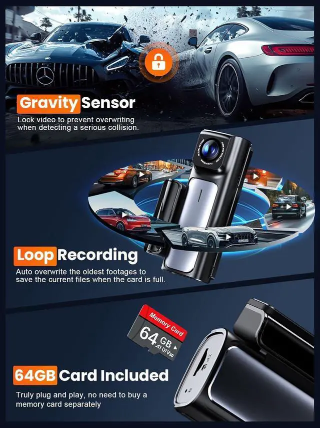 Alt view image 6 of 7 - 4K Dash Cam Front and Rear, Built-in 5G WiFi GPS, 64GB Card Included, 3.59'' IPS Screen Dash Camera for Cars, Dual Dashcam with G-Sensor, Loop Recording, WDR, Night Vision, 24H Parking Monitor