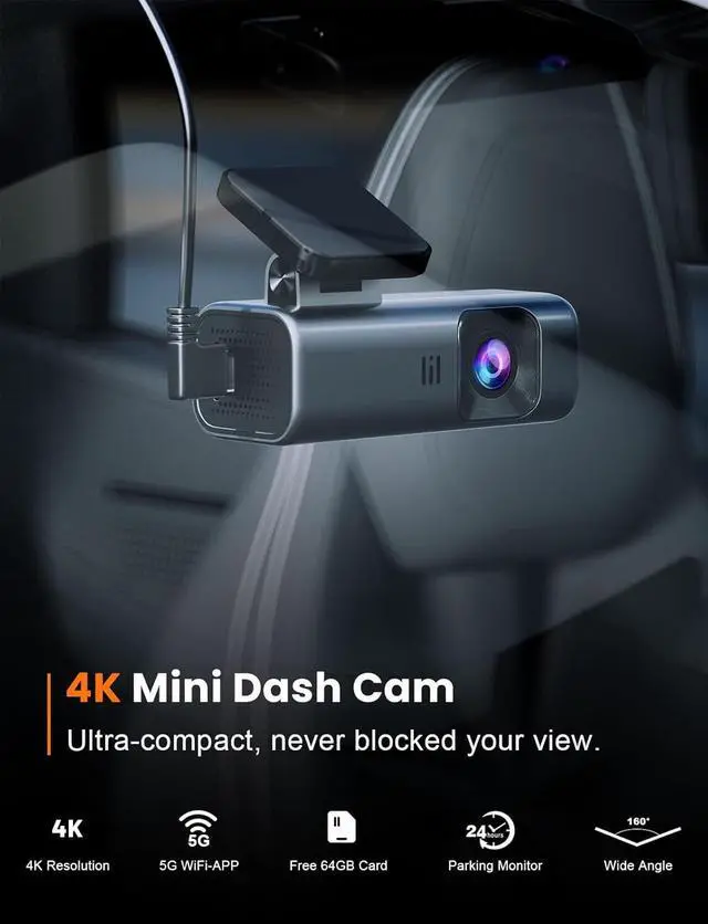 Alt view image 2 of 7 - 4K Dash Cam Front, Built-in 5G WiFi, 64GB Card Included, Dash Camera for Cars, Mini Dashcam with Super Night Vision, Loop Recording, G-Sensor, 24 Hours Parking Monitor, Support 256GB Max