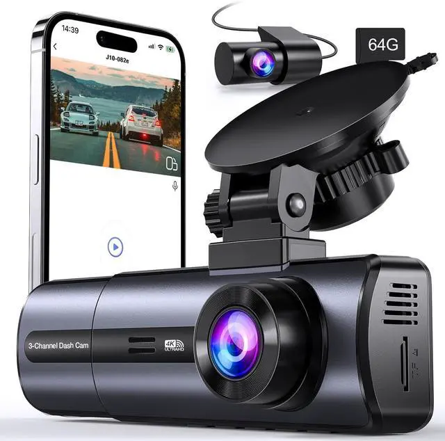 Main image of 3 Channel 4K Dash Cam with 5GHz WiFi & APP Control, 4K/2.5K+1080P+1080P Front Inside and Rear, Triple Dash Camera with 64GB Card, G-Sensor, 24 Hours Parking Mode, Loop Recording, Night Vision