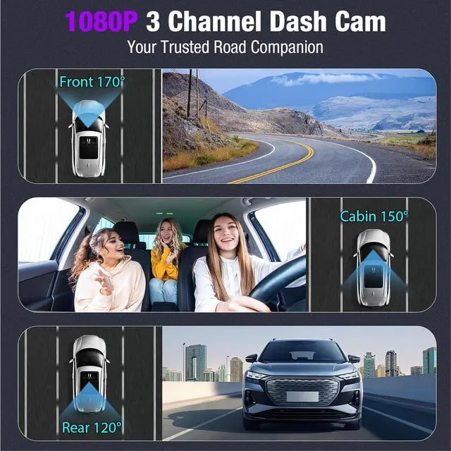Alt view image 2 of 7 - 3 Channel 4K Dash Cam with 5GHz WiFi & APP Control, 4K/2.5K+1080P+1080P Front Inside and Rear, Triple Dash Camera with 64GB Card, G-Sensor, 24 Hours Parking Mode, Loop Recording, Night Vision