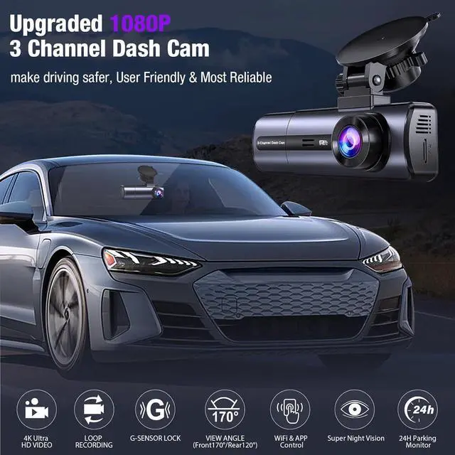 Alt view image 3 of 7 - 3 Channel 4K Dash Cam with 5GHz WiFi & APP Control, 4K/2.5K+1080P+1080P Front Inside and Rear, Triple Dash Camera with 64GB Card, G-Sensor, 24 Hours Parking Mode, Loop Recording, Night Vision