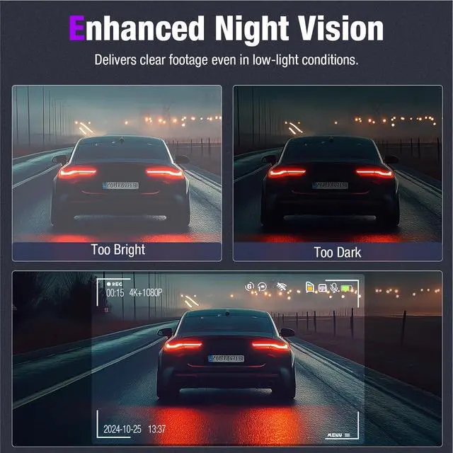 Alt view image 7 of 7 - 3 Channel 4K Dash Cam with 5GHz WiFi & APP Control, 4K/2.5K+1080P+1080P Front Inside and Rear, Triple Dash Camera with 64GB Card, G-Sensor, 24 Hours Parking Mode, Loop Recording, Night Vision