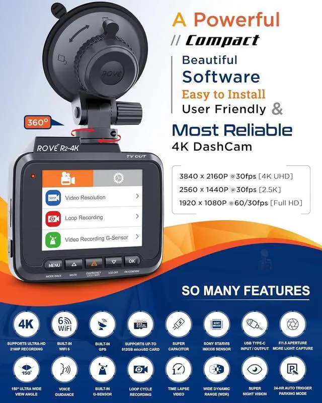 Alt view image 2 of 7 - ROVE R2-4K Dash Cam Built-in WiFi 6 GPS Car Dashboard Camera Recorder with UHD 2160P, 2.4" IPS Screen, 150° Wide Angle, WDR, Night Vision