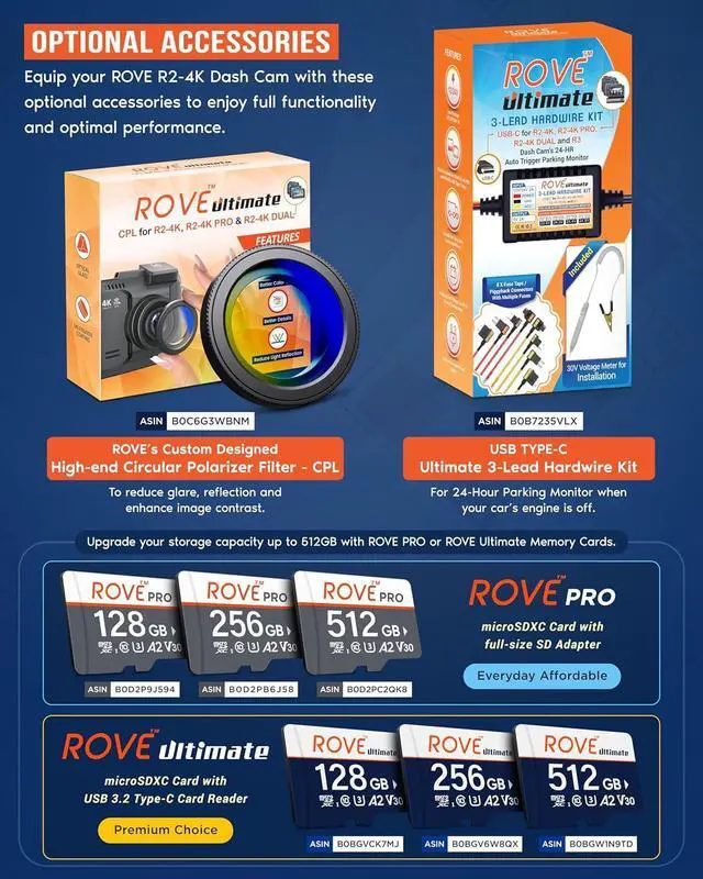 Alt view image 7 of 7 - ROVE R2-4K Dash Cam Built-in WiFi 6 GPS Car Dashboard Camera Recorder with UHD 2160P, 2.4" IPS Screen, 150° Wide Angle, WDR, Night Vision