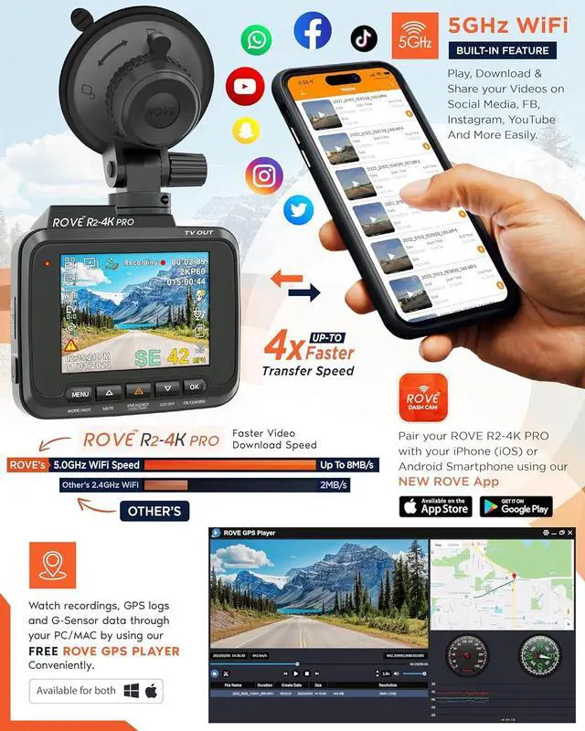 Alt view image 4 of 7 - ROVE R2-4K PRO Dash Cam, Built-in GPS, 5G WiFi Dash Camera for Cars, 2160P UHD 30fps Dashcam with APP, 2.4" IPS Screen, Night Vision, WDR, 150° Wide Angle, 24-Hr Parking Mode, Supports 512GB Max