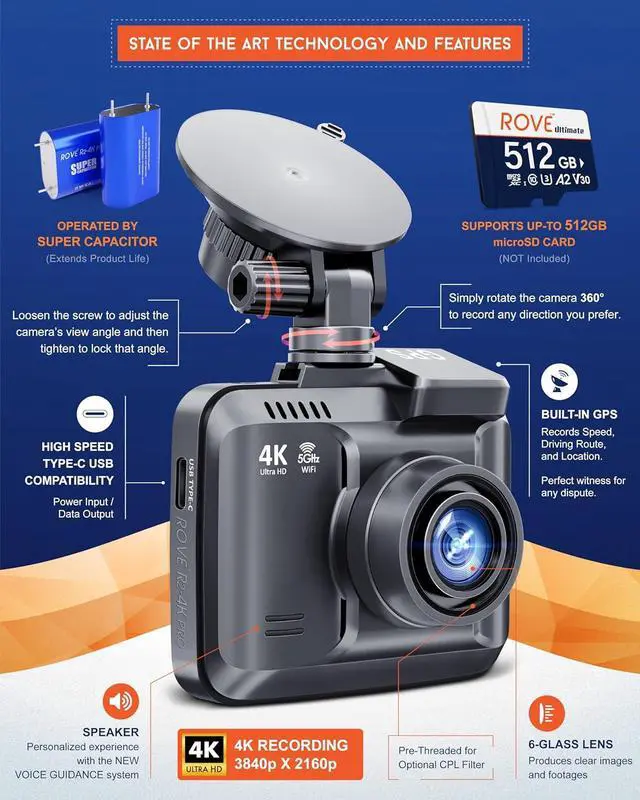 Alt view image 3 of 7 - ROVE R2-4K PRO Dash Cam, Built-in GPS, 5G WiFi Dash Camera for Cars, 2160P UHD 30fps Dashcam with APP, 2.4" IPS Screen, Night Vision, WDR, 150° Wide Angle, 24-Hr Parking Mode, Supports 512GB Max