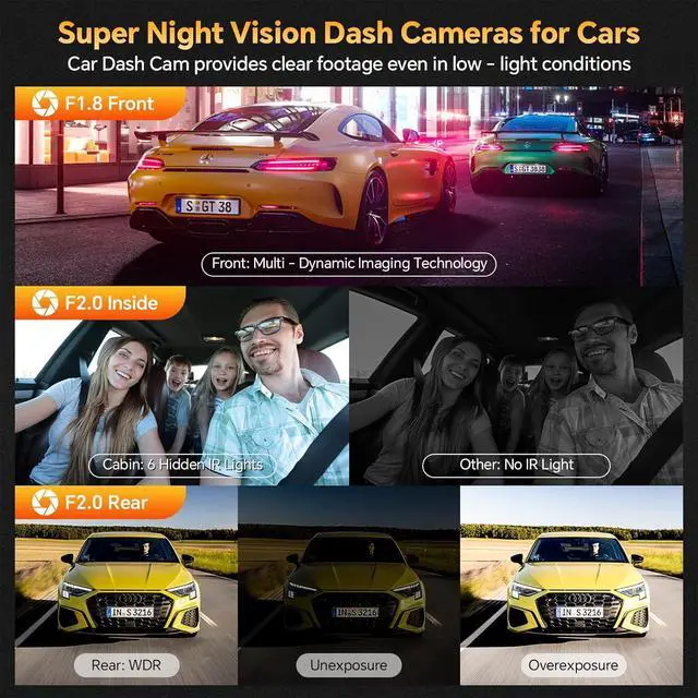 Alt view image 3 of 7 - Dash Cam Front Rear and Inside, 3 Channel Dual Dash Camera for Cars WiFi 2.5K Dashcams for Car W/ 64GB Card,1440P Dashcam Front+1080P Inside Car Camera+1080P Rear Car Dash Cam,G-Sensor,IR Night Vision