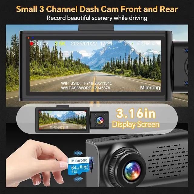 Alt view image 2 of 7 - Dash Cam Front Rear and Inside, 3 Channel Dual Dash Camera for Cars WiFi 2.5K Dashcams for Car W/ 64GB Card,1440P Dashcam Front+1080P Inside Car Camera+1080P Rear Car Dash Cam,G-Sensor,IR Night Vision