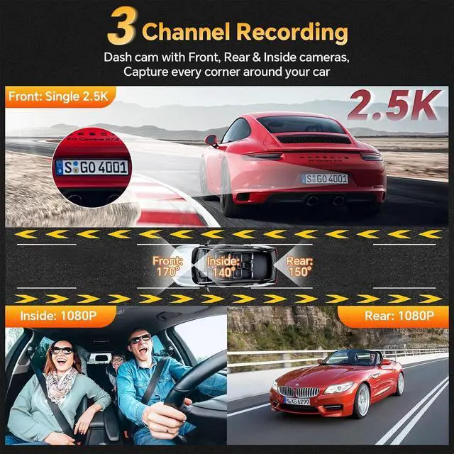 Alt view image 6 of 7 - Dash Cam Front Rear and Inside, 3 Channel Dual Dash Camera for Cars WiFi 2.5K Dashcams for Car W/ 64GB Card,1440P Dashcam Front+1080P Inside Car Camera+1080P Rear Car Dash Cam,G-Sensor,IR Night Vision