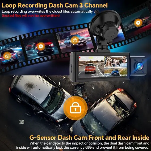Alt view image 7 of 7 - Dash Cam Front Rear and Inside, 3 Channel Dual Dash Camera for Cars WiFi 2.5K Dashcams for Car W/ 64GB Card,1440P Dashcam Front+1080P Inside Car Camera+1080P Rear Car Dash Cam,G-Sensor,IR Night Vision