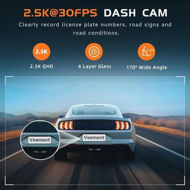 Alt view image 2 of 6 - 2.5K Car Dash Cam, VEEMENT Dash Camera for Cars, 1440P Car Dash Camera with APP, WiFi Dash Cams with WDR Night Vision, 24/7 Parking Monitor Dashcam, 160°Wide, G-Sensor, Mini Dash Cam