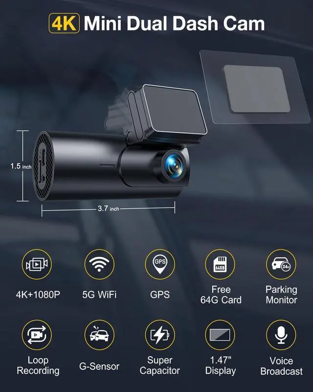 Alt view image 2 of 7 - GKU Dash Cam Front and Rear Camera,4K+1080P, 5.8GHz WiFi & GPS Dash Camera for Cars,with 64G SDcard,1.47" Display Dashcam, 24HParking Mode,App Control,Super Night Vision,WDR,Support Max 256GB