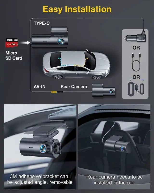 Alt view image 7 of 7 - GKU Dash Cam Front and Rear Camera,4K+1080P, 5.8GHz WiFi & GPS Dash Camera for Cars,with 64G SDcard,1.47" Display Dashcam, 24HParking Mode,App Control,Super Night Vision,WDR,Support Max 256GB