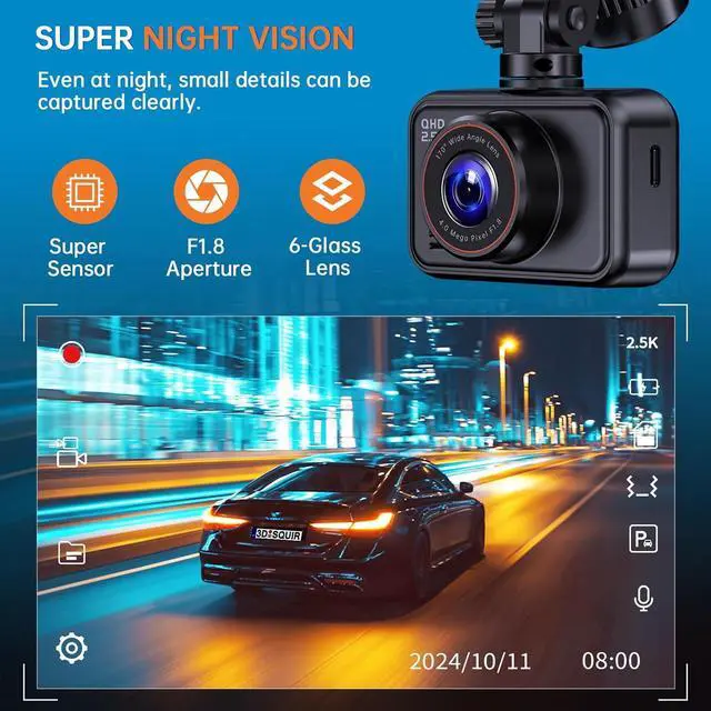 Alt view image 4 of 7 - Dash Cam Front and Rear, 2.5K Dual Dash Camera for Cars, 2560P Mini Car Camera, 2 inch IPS Screen, 32GB Card Included, WDR Night Vision, 24 Hours Parking Monitor, G-Sensor, Support 256 GB Max