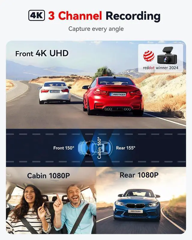 Alt view image 2 of 7 - REDTIGER F17 4K 3 Channel Dash Cam, 5GHz WiFi Built-in GPS with 64GB Card, 2160P+1080P+1080P Front and Rear Inside, Triple Car Camera with 3 Inch Screen, IR Night Vision, G Sensor, WDR, Parking Mode