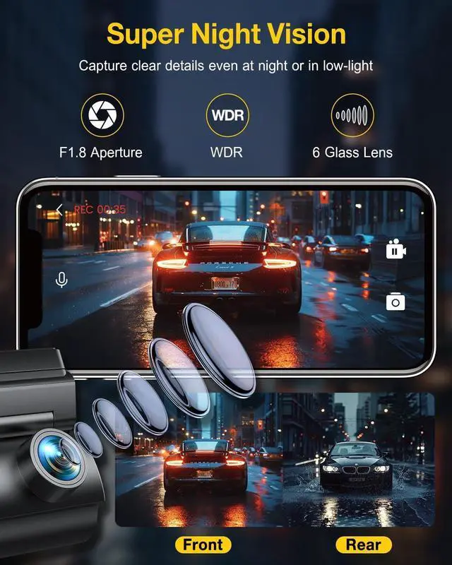Alt view image 5 of 7 - GKU Dash Cam Front and Rear Camera,4K+1080P, 5.8GHz WiFi & GPS Dash Camera for Cars,with 64G SDcard,1.47" Display Dashcam, 24HParking Mode,App Control,Super Night Vision,WDR,Support Max 256GB