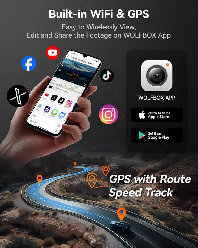 Alt view image 6 of 7 - WOLFBOX i07 3 Channel Dash Cam Built-in WiFi GPS, 4K Dash Camera Front and Inside, 1440P+1080P+1080P Triple Car Camera with 3" LCD Screen, 32GB Card Included, IR Night Vision, 24H Parking Mode