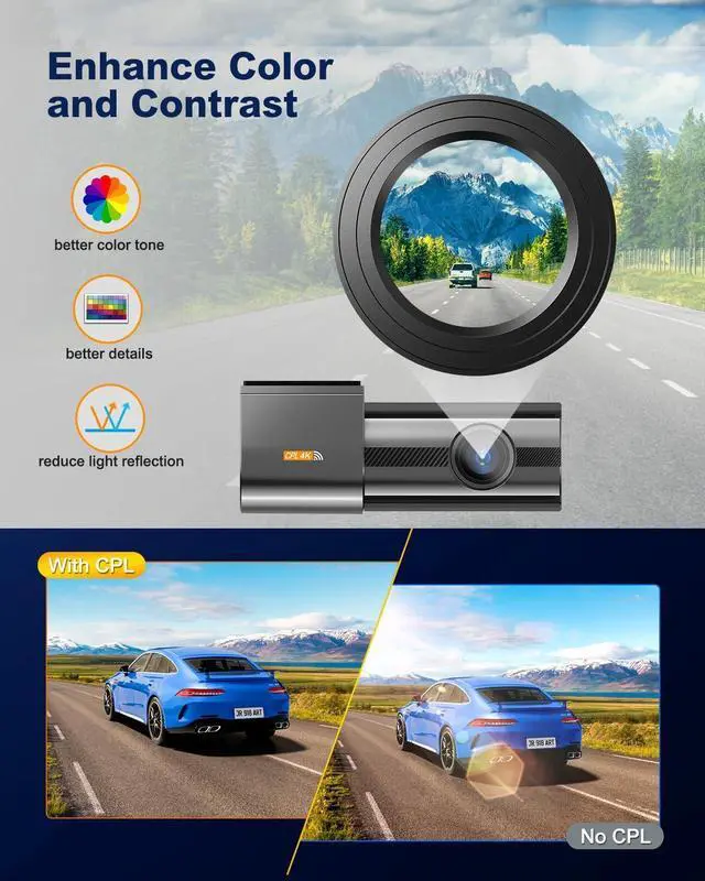 Alt view image 2 of 7 - Dash Cam Front and Rear 4K, Built-in 5GHz WiFi with CPL, Dual Dashcams for Cars with 64GB Card, 24H Parking Mode, WDR, Ultra HD Night Vision, G-Sensor, Loop Recording, App Control, Support 256GB Max