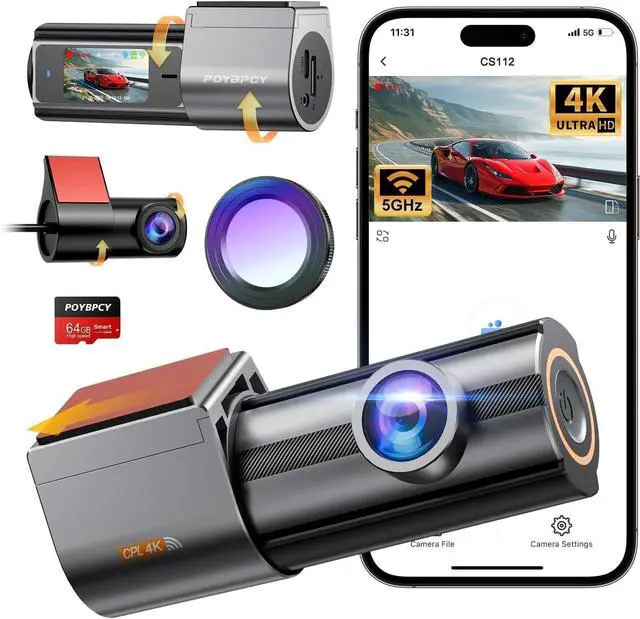 Main image of Dash Cam Front and Rear 4K, Built-in 5GHz WiFi with CPL, Dual Dashcams for Cars with 64GB Card, 24H Parking Mode, WDR, Ultra HD Night Vision, G-Sensor, Loop Recording, App Control, Support 256GB Max
