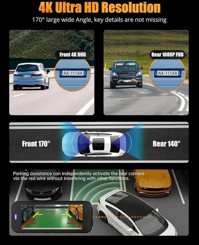 Alt view image 2 of 7 - Dash Cam Front and Rear, 4K+1080P Dual Dash Camera for Cars with 5G WiFi, Built-in 32GB Card, Night Vision, G-Sensor, 24H Parking Mode
