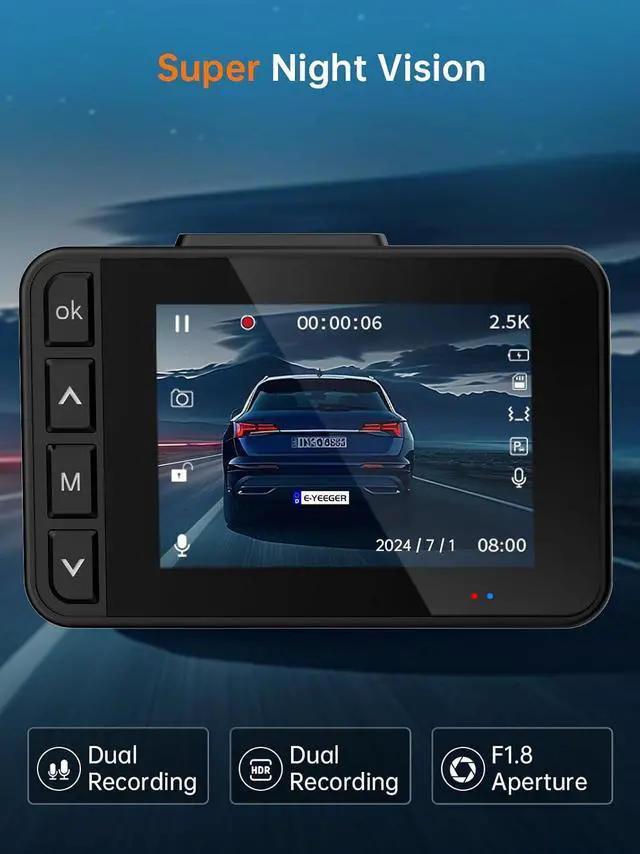Alt view image 5 of 7 - Dash Cam Front and Rear, 2.5K+1080P Dual Dash Camera for Cars, 2 Display Mini Car Camera, G-Sensor Dashcam, Night Vision, 24H Parking Mode, Loop Recording, 170°Wide Angle, 32GB Card Included
