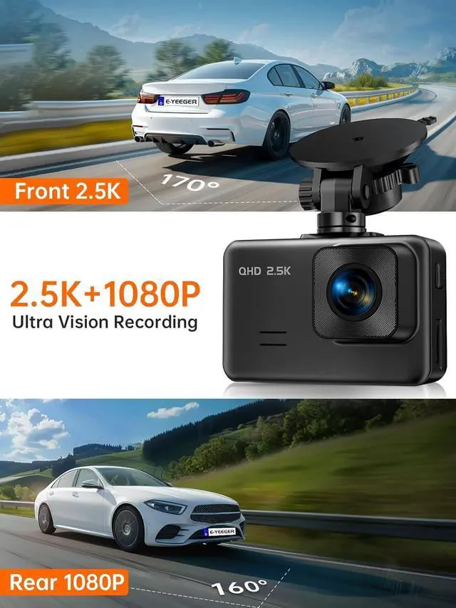Alt view image 4 of 7 - Dash Cam Front and Rear, 2.5K+1080P Dual Dash Camera for Cars, 2 Display Mini Car Camera, G-Sensor Dashcam, Night Vision, 24H Parking Mode, Loop Recording, 170°Wide Angle, 32GB Card Included