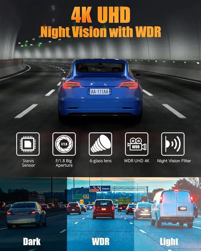 Alt view image 4 of 7 - Dash Cam Front and Rear, 4K+1080P Dual Dash Camera for Cars with 5G WiFi, Built-in 32GB Card, Night Vision, G-Sensor, 24H Parking Mode