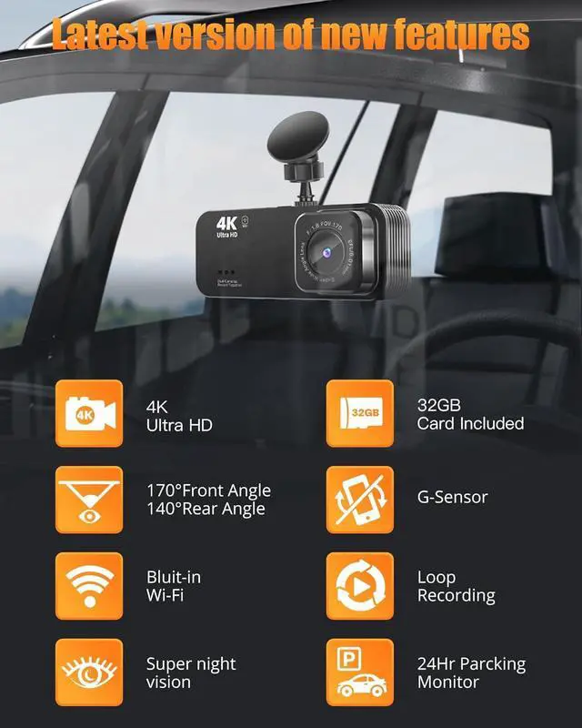 Alt view image 7 of 7 - Dash Cam Front and Rear, 4K+1080P Dual Dash Camera for Cars with 5G WiFi, Built-in 32GB Card, Night Vision, G-Sensor, 24H Parking Mode