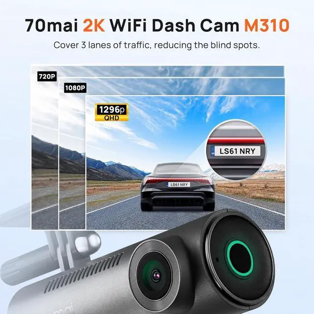 Alt view image 2 of 7 - 70mai Dash Cam M310, Dash Camera for Cars 1296P QHD, Smart Dash Cam Front Built in WiFi, 130° Wide-Angle FOV, WDR, Night Vision, iOS/Android Mobile App, Loop Recording, Parking Monitor, Time-Lapse