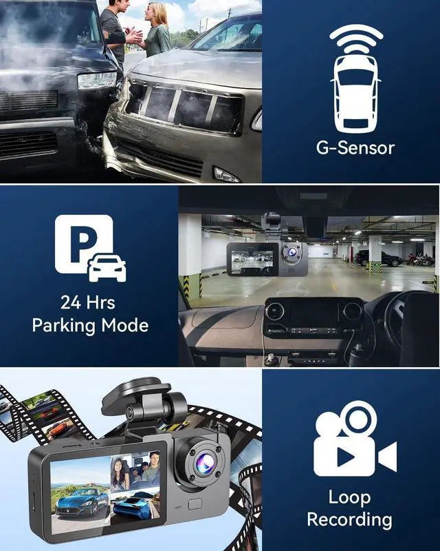 Alt view image 3 of 6 - Dash Cam Front and Rear Inside,4K Full HD 3 Channel Dash Camera for Cars, Free 32GB Card, 2'' IPS Screen Dashcam with Night Vision, G-Sensor, 24H Parking Mode, 170°Wide Angle, Loop Recording