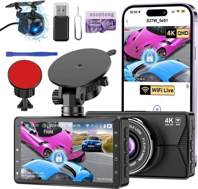 Main image of Dash Cam Front and Rear, Dash Cam 4K WiFi/APP Control Dashcam W/ 64GB Card Dash Camera for Cars DVR Car Security Cameras W/Loop Recording G-Sensor Time-Lapse Parking Mode Car Dashcam USB Powered