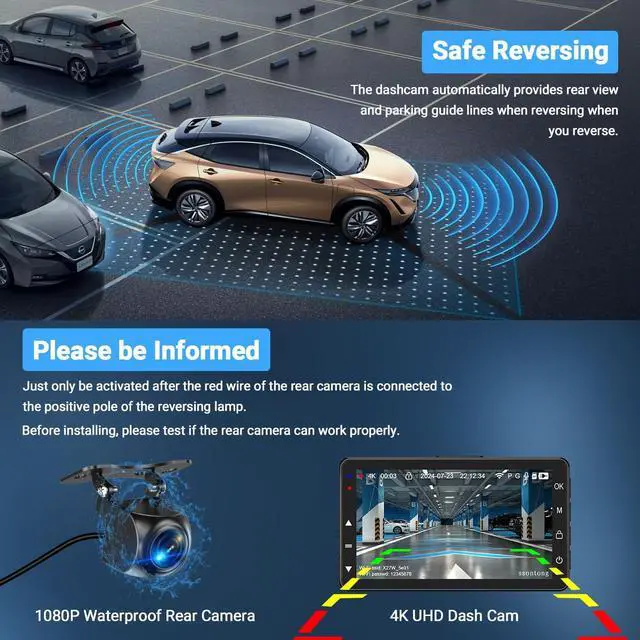 Alt view image 3 of 7 - Dash Cam Front and Rear, Dash Cam 4K WiFi/APP Control Dashcam W/ 64GB Card Dash Camera for Cars DVR Car Security Cameras W/Loop Recording G-Sensor Time-Lapse Parking Mode Car Dashcam USB Powered