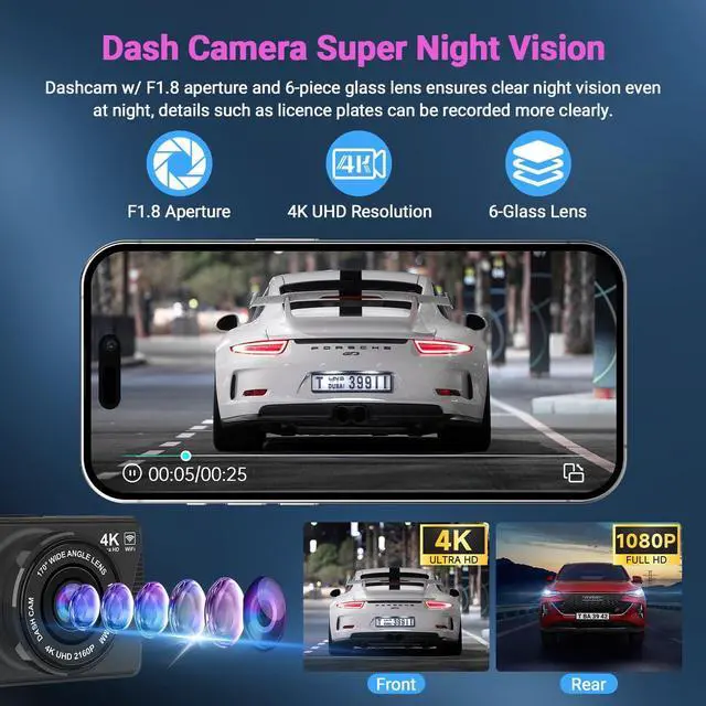 Alt view image 4 of 7 - Dash Cam Front and Rear, Dash Cam 4K WiFi/APP Control Dashcam W/ 64GB Card Dash Camera for Cars DVR Car Security Cameras W/Loop Recording G-Sensor Time-Lapse Parking Mode Car Dashcam USB Powered