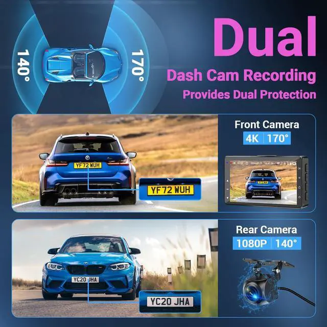 Alt view image 5 of 7 - Dash Cam Front and Rear, Dash Cam 4K WiFi/APP Control Dashcam W/ 64GB Card Dash Camera for Cars DVR Car Security Cameras W/Loop Recording G-Sensor Time-Lapse Parking Mode Car Dashcam USB Powered