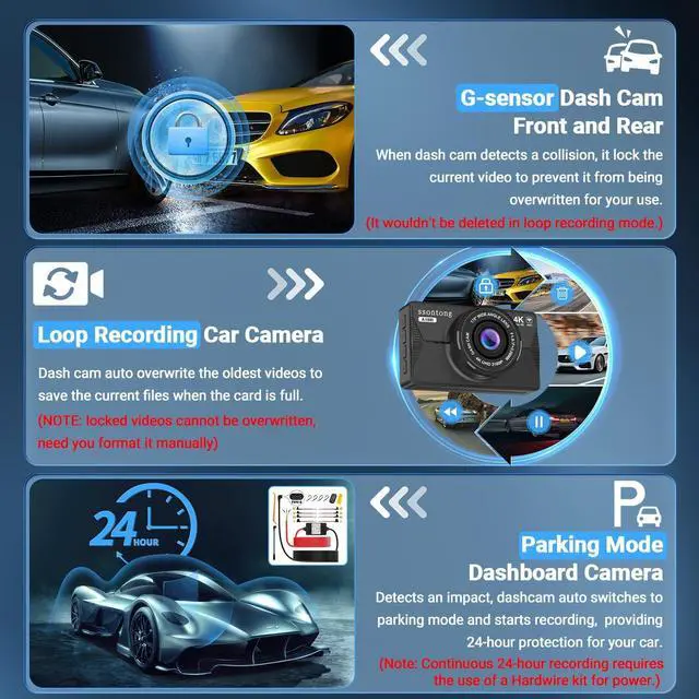 Alt view image 6 of 7 - Dash Cam Front and Rear, Dash Cam 4K WiFi/APP Control Dashcam W/ 64GB Card Dash Camera for Cars DVR Car Security Cameras W/Loop Recording G-Sensor Time-Lapse Parking Mode Car Dashcam USB Powered