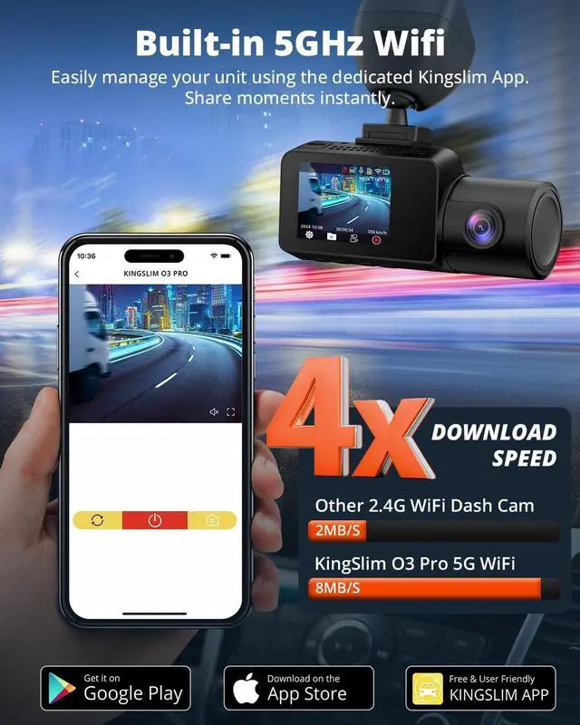 Alt view image 3 of 7 - Kingslim 3 Channel 5G WiFi Dash Cam with 64GB Card, 2.5K/1080P Front and Rear Inside Dashcam, 2.5K/1080P/1080P Three Way Dash Camera for Cars Auto IR Night Vision, Loop Recording, APP Control(O3PRO)