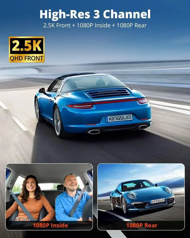 Alt view image 2 of 7 - Kingslim 3 Channel 5G WiFi Dash Cam with 64GB Card, 2.5K/1080P Front and Rear Inside Dashcam, 2.5K/1080P/1080P Three Way Dash Camera for Cars Auto IR Night Vision, Loop Recording, APP Control(O3PRO)