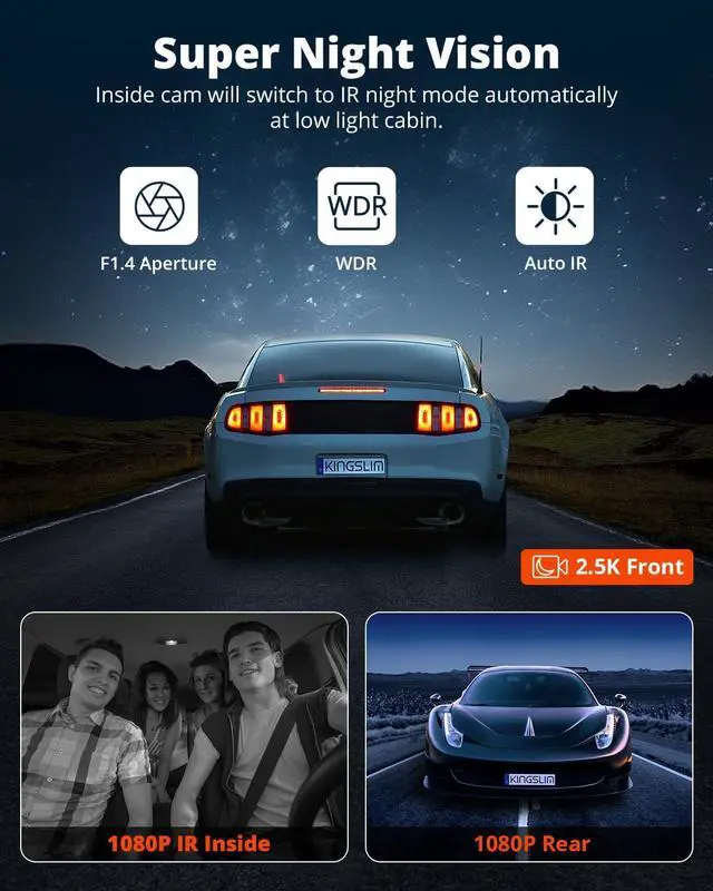 Alt view image 5 of 7 - Kingslim 3 Channel 5G WiFi Dash Cam with 64GB Card, 2.5K/1080P Front and Rear Inside Dashcam, 2.5K/1080P/1080P Three Way Dash Camera for Cars Auto IR Night Vision, Loop Recording, APP Control(O3PRO)