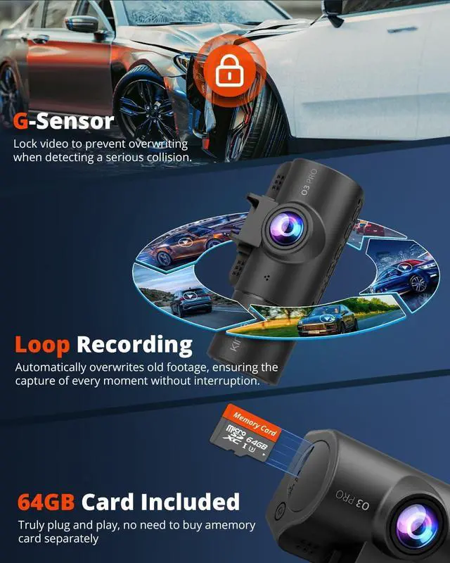 Alt view image 4 of 7 - Kingslim 3 Channel 5G WiFi Dash Cam with 64GB Card, 2.5K/1080P Front and Rear Inside Dashcam, 2.5K/1080P/1080P Three Way Dash Camera for Cars Auto IR Night Vision, Loop Recording, APP Control(O3PRO)