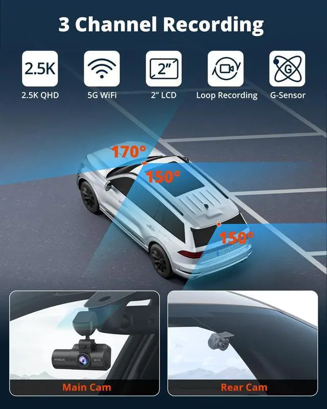 Alt view image 6 of 7 - Kingslim 3 Channel 5G WiFi Dash Cam with 64GB Card, 2.5K/1080P Front and Rear Inside Dashcam, 2.5K/1080P/1080P Three Way Dash Camera for Cars Auto IR Night Vision, Loop Recording, APP Control(O3PRO)