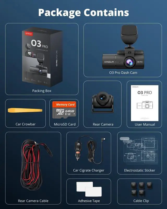 Alt view image 7 of 7 - Kingslim 3 Channel 5G WiFi Dash Cam with 64GB Card, 2.5K/1080P Front and Rear Inside Dashcam, 2.5K/1080P/1080P Three Way Dash Camera for Cars Auto IR Night Vision, Loop Recording, APP Control(O3PRO)