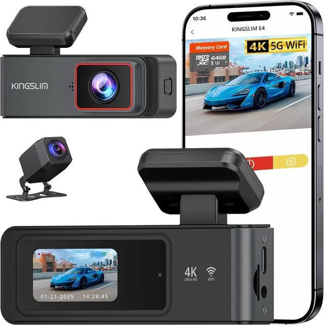 Main image of Kingslim 4K Dash Cam Front and Rear with 64GB SD Card, 5G WiFi Dash Camera for Cars, 1.5'' Screen Dashcam Wireless APP Control, Support G-Sensor/Time Lapse 2 Kinds Parking Monitor