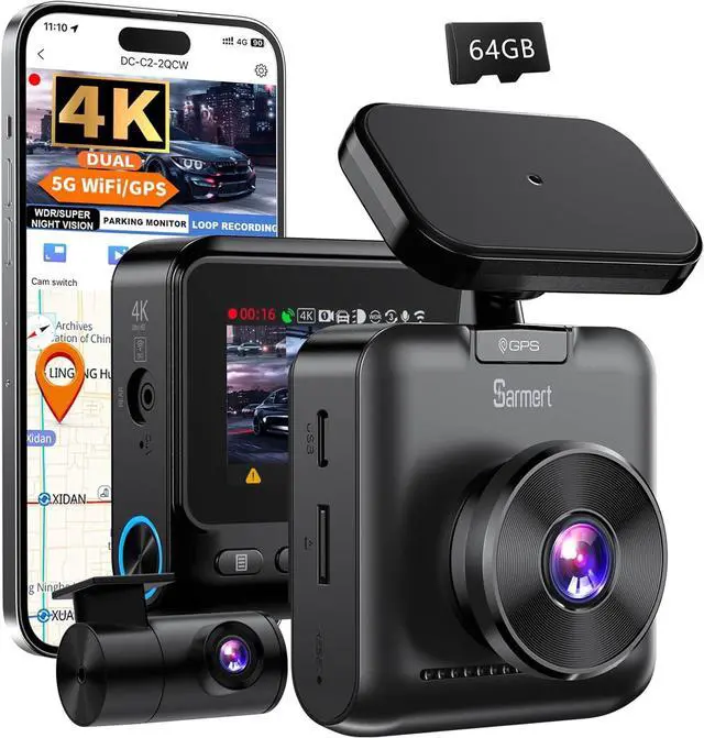 Main image of Sarmert C2 4K Dual Dash Cam Front and Rear - Built-in GPS and 5G WiFi, Free 64GB Card Included, 4K UHD Dash Camera for Cars, Night Vision, WDR, Loop Recording, App Control, 24H Parking Mode