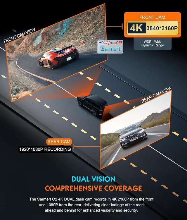 Alt view image 3 of 7 - Sarmert C2 4K Dual Dash Cam Front and Rear - Built-in GPS and 5G WiFi, Free 64GB Card Included, 4K UHD Dash Camera for Cars, Night Vision, WDR, Loop Recording, App Control, 24H Parking Mode