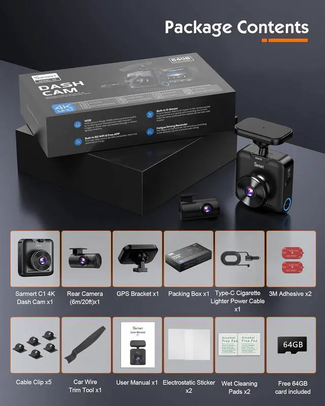 Alt view image 6 of 7 - Sarmert C2 4K Dual Dash Cam Front and Rear - Built-in GPS and 5G WiFi, Free 64GB Card Included, 4K UHD Dash Camera for Cars, Night Vision, WDR, Loop Recording, App Control, 24H Parking Mode
