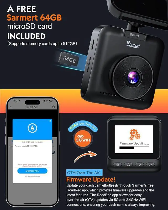 Alt view image 7 of 7 - Sarmert C2 4K Dual Dash Cam Front and Rear - Built-in GPS and 5G WiFi, Free 64GB Card Included, 4K UHD Dash Camera for Cars, Night Vision, WDR, Loop Recording, App Control, 24H Parking Mode