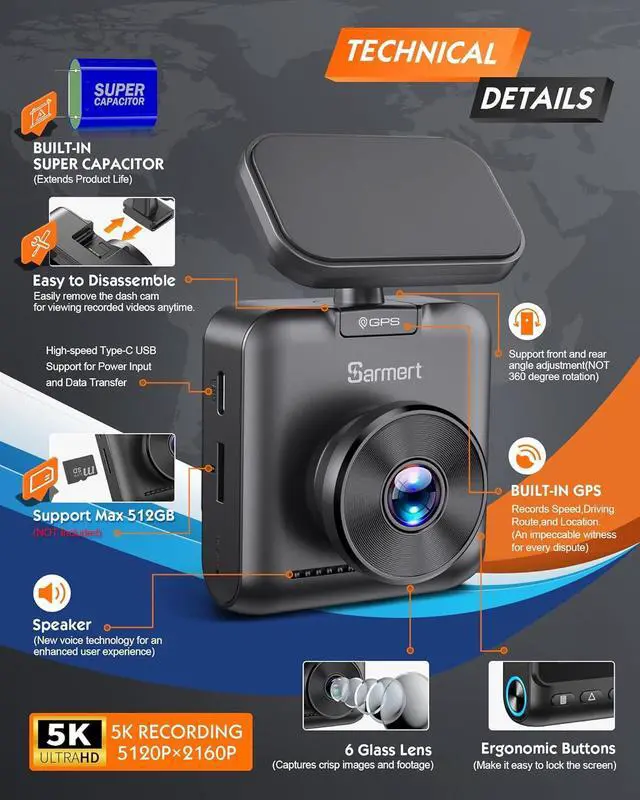 Alt view image 3 of 7 - Sarmert C1 5K Dash Cam Front - Built-in GPS and 5G WiFi, Sony STARVIS Sensor, HDR Night Vision Car Camera, 5K/4K/2.5K UHD Dash Camera for Cars, Loop Recording, WDR, G-Sensor, 24H Parking Mode